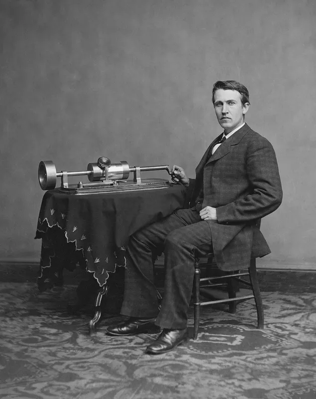1 Edison_and_phonograph Thomas Edison posing with his original phonograph, the world’s first device for recording and playing sound.