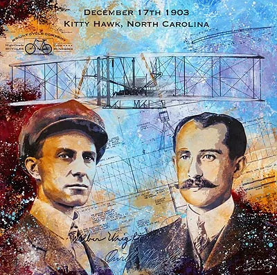 Modern artwork showing the Wright brothers, their Flyer, and the spirit of invention. Image by Bernd Luz, Public Domain.