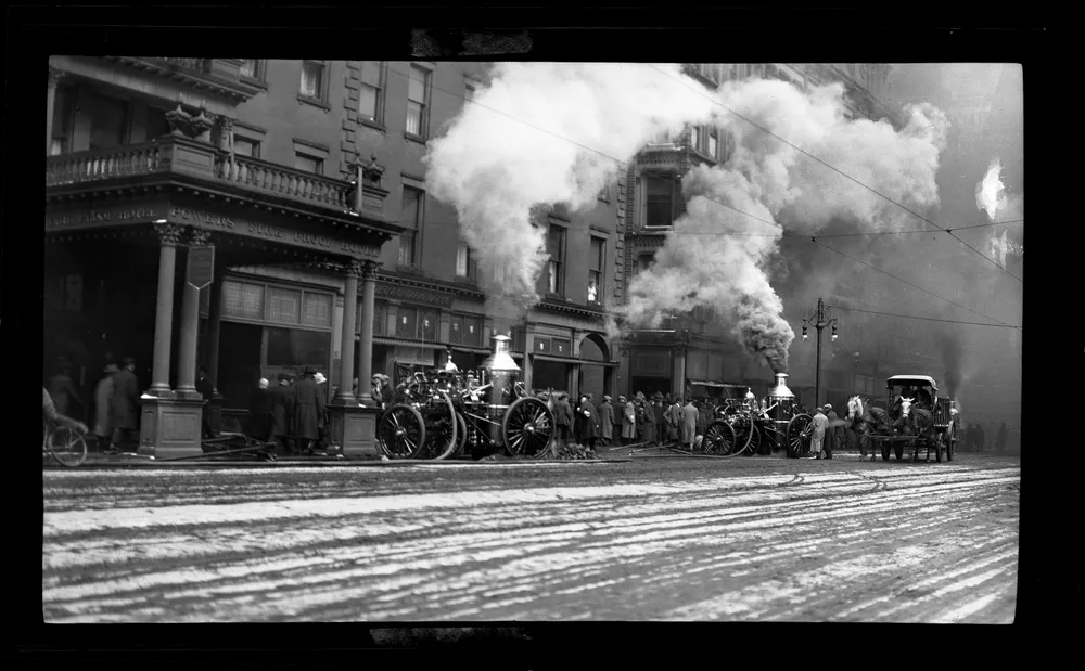 Fire wagons outside Powers Fire Proof Hotel, Rochester, 1890s
