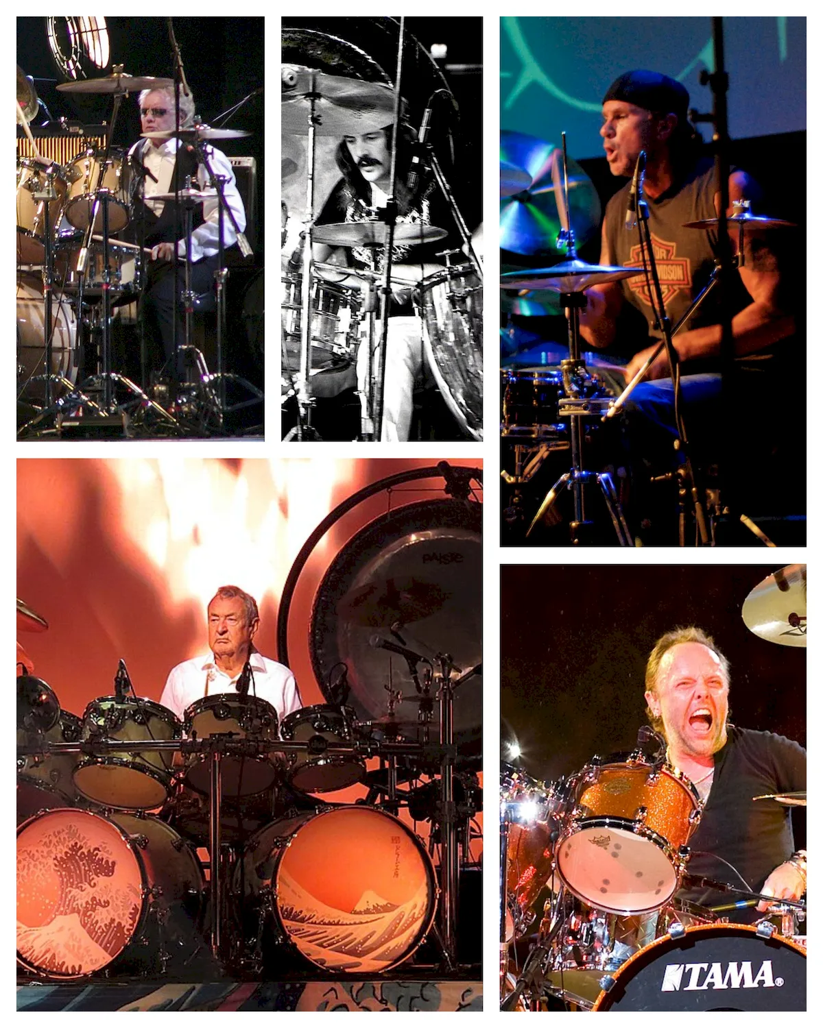 Collage of legendary rock drummers: Lars Ulrich (Metallica), Chad Smith (Red Hot Chili Peppers), Nick Mason (Pink Floyd), John Bonham (Led Zeppelin), and Roger Taylor (Queen).